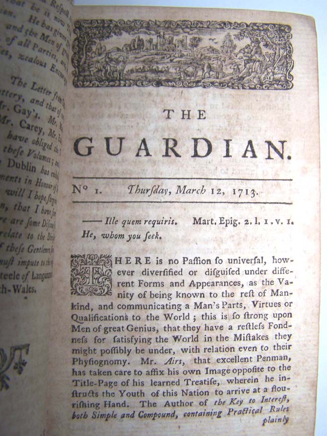 Two Leather bound volumes of the "GUARDIAN" printed in London in 1750 with daily advice given for the dates of March 12, 1713 through October 1, 1713. — image 2